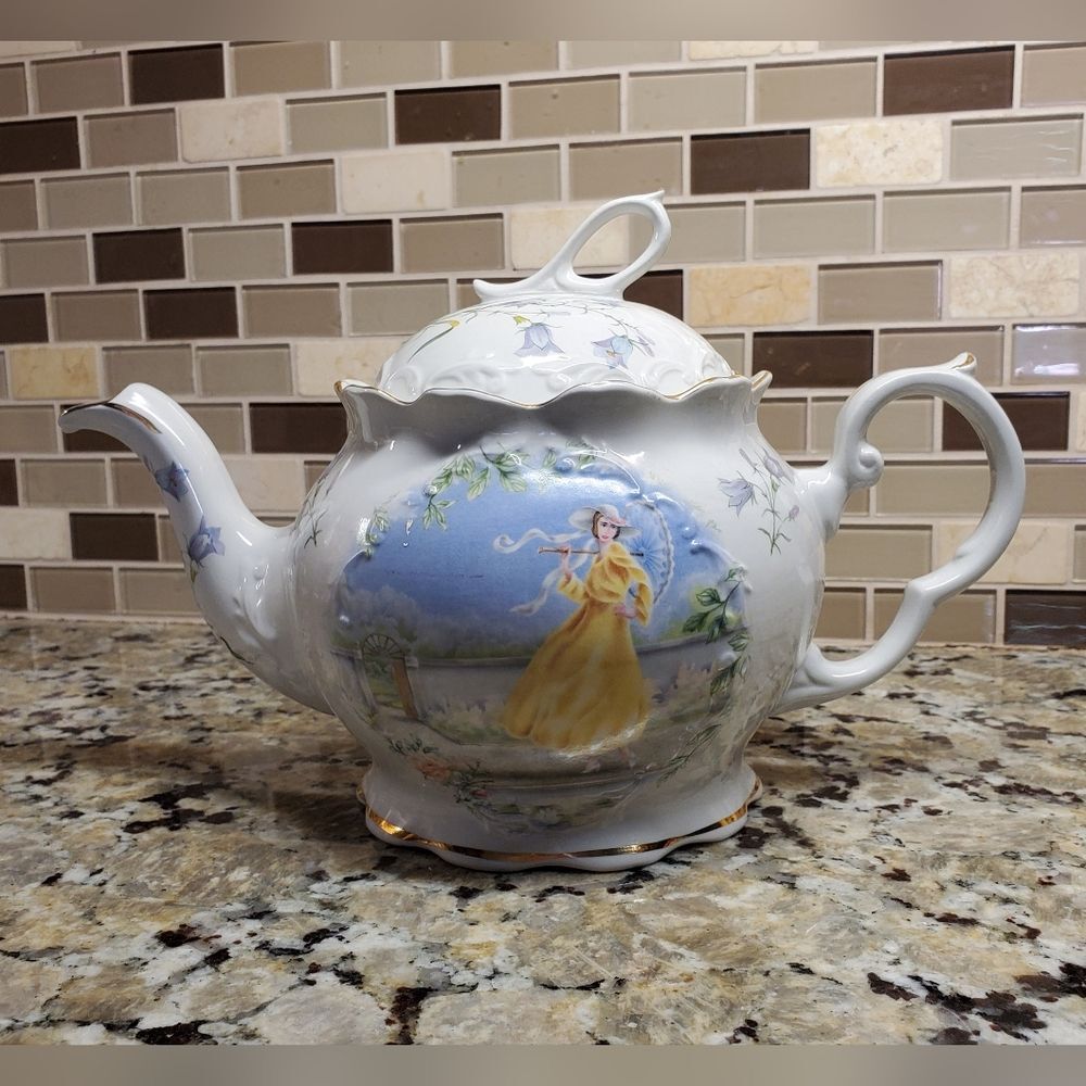 Crown Dorset Seasons Teapot Lady in Yellow Dress Staffordshire England